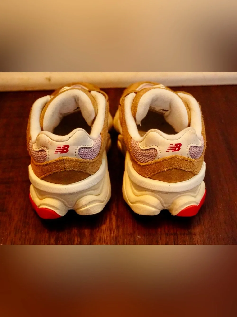 New Balance Tan and Pink Kids Sneakers with Red Logo